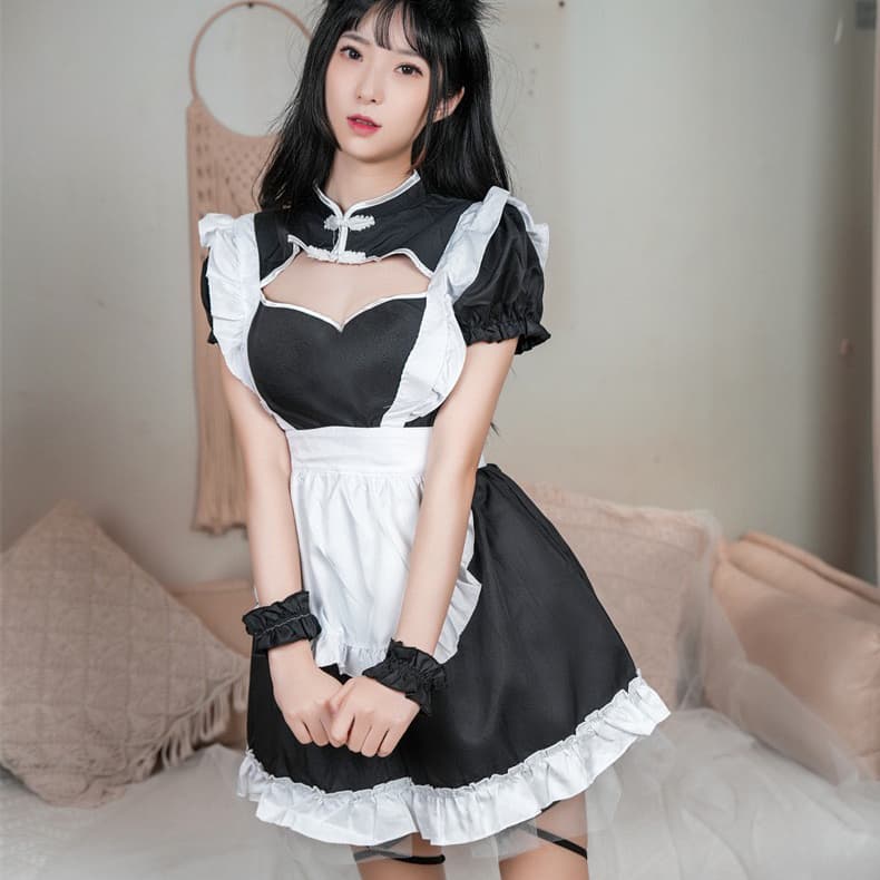 チャイナ風メイド服 黒白フリル コスプレ衣装
