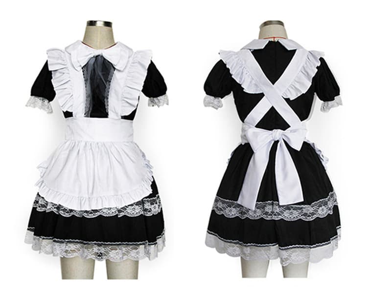 フレンチ風フロント編み上げメイド服 黒白レース衣装