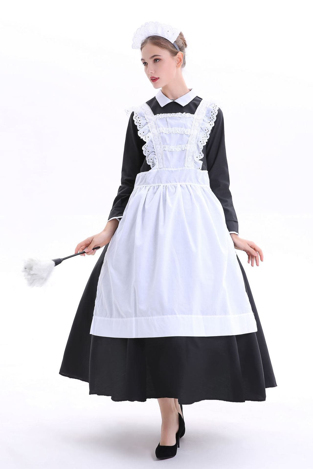 メイド服 クラシック刺繍エプロン付き長袖ヴィクトリアン風メイド服