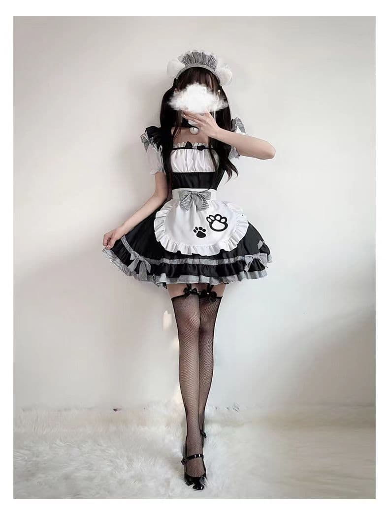 メイド服 メイド服 猫足刺繍フリルエプロンワンピース