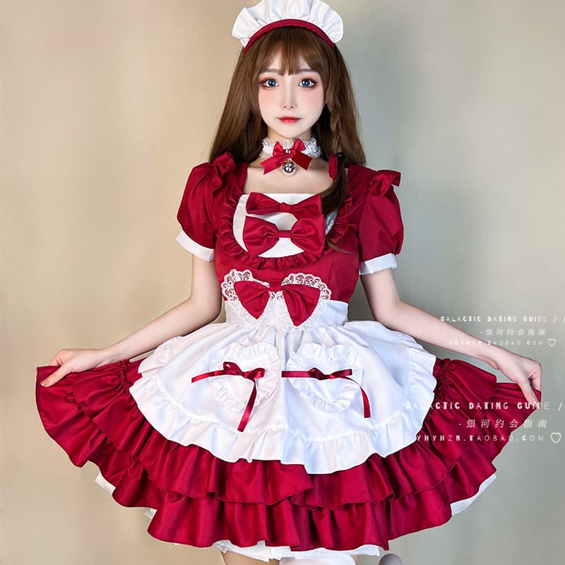 メイド服 豪華多段リボン付きフリルエプロンドレス