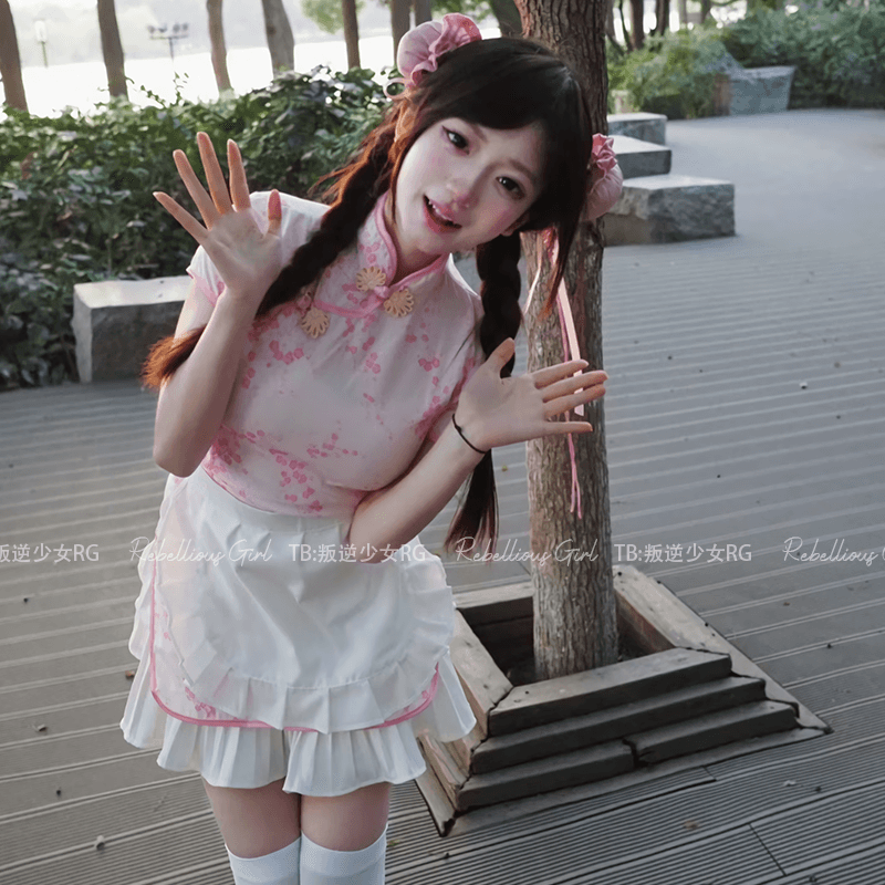 メイド服 チャイナ風花柄メイドワンピース