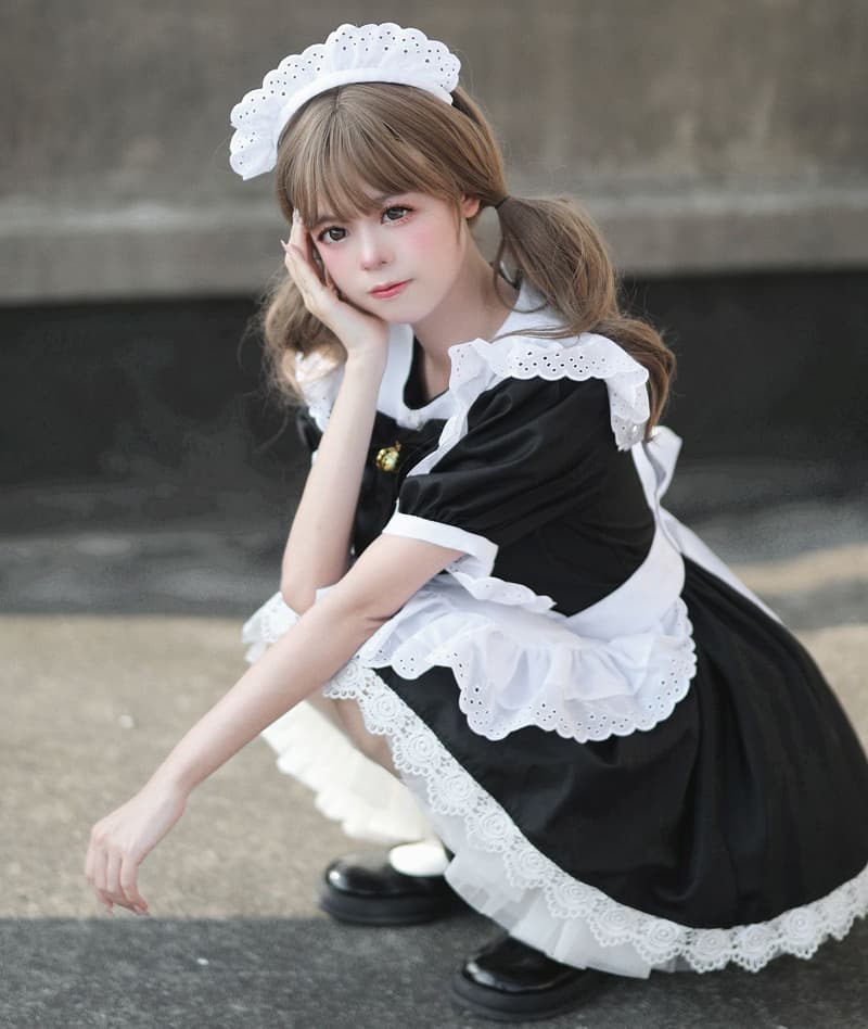 クラシカル黒リボンメイド服大きいサイズ対応コスプレ衣装