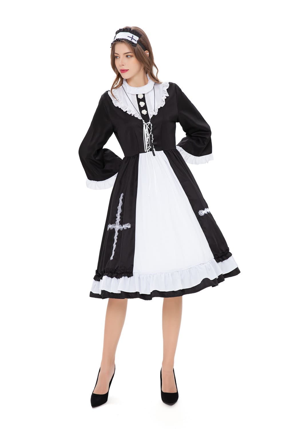 メイド服 クラシカル襟飾り付き長袖メイドワンピース