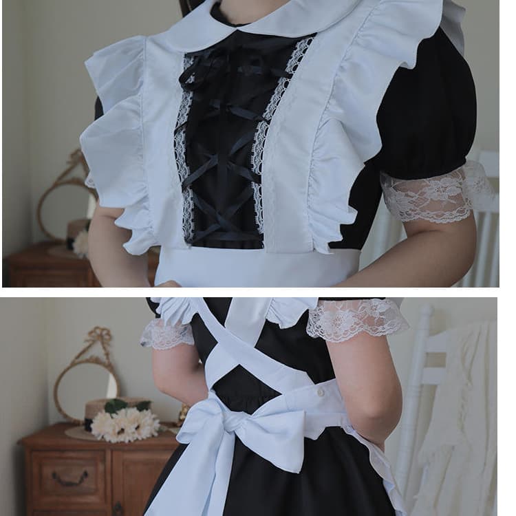 クラシック二重レース装飾メイド服変身衣装