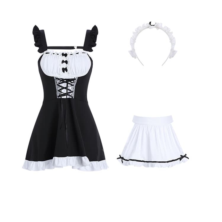 胸元編上げ黒白メイド服セクシー系衣装