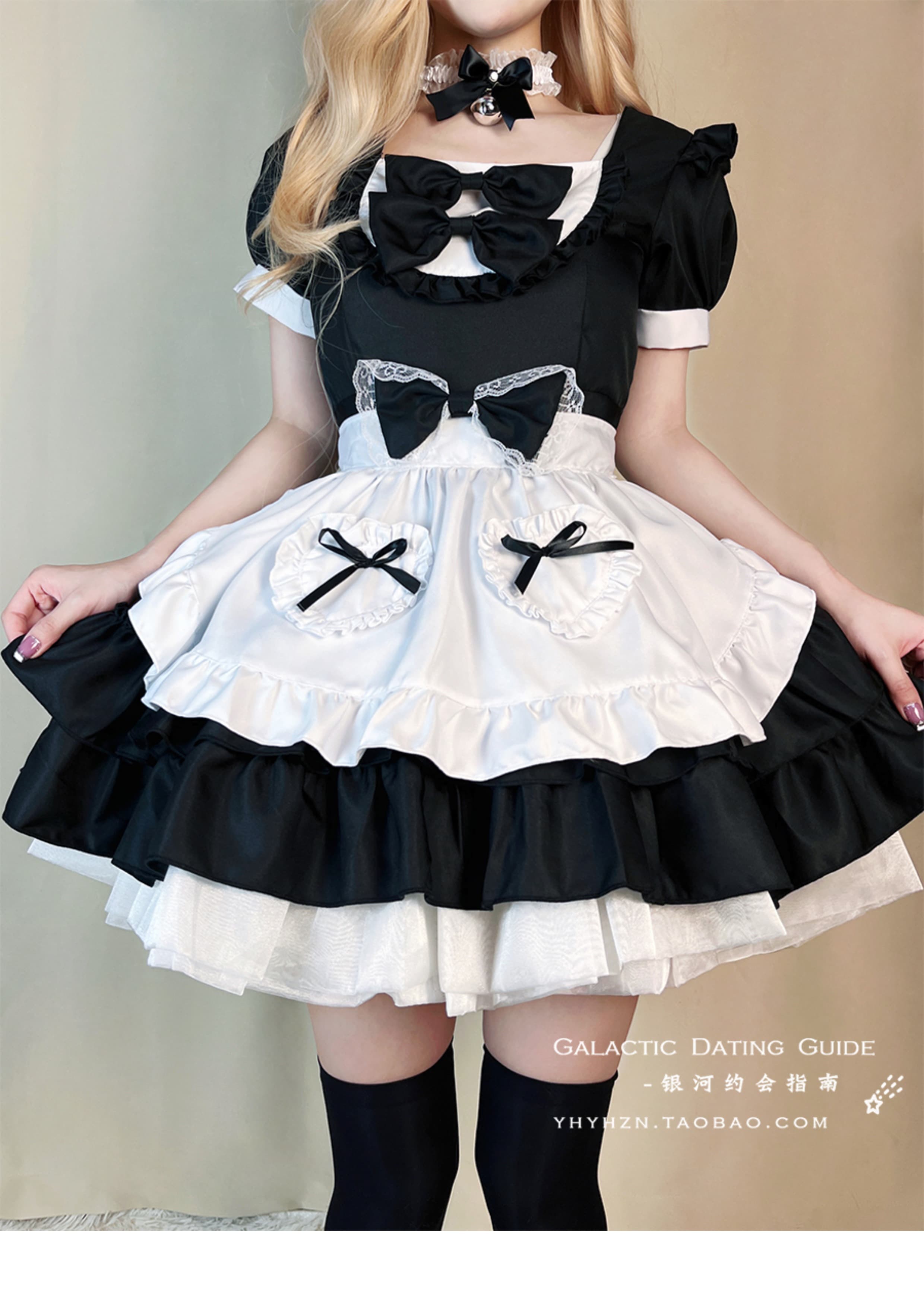 メイド服 豪華多段リボン付きフリルエプロンドレス