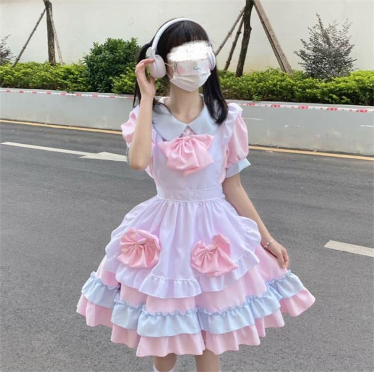 ピンク色フリルリボン付きメイド服ワンピース