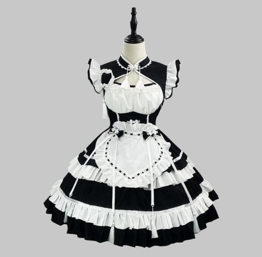 新品黒メイド服可愛いフリルワンピース