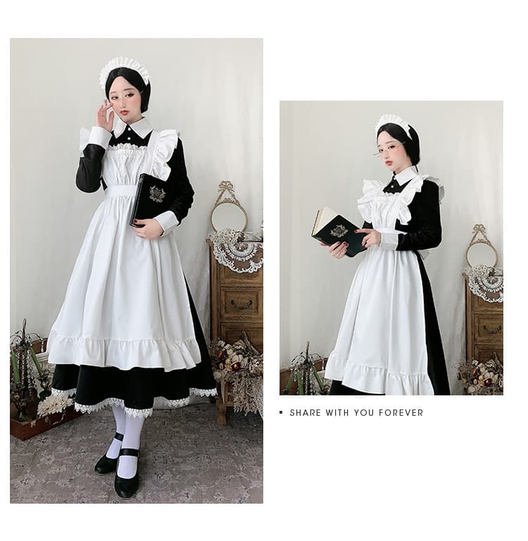 クラシック長袖ロング丈メイド服白黒変身衣装