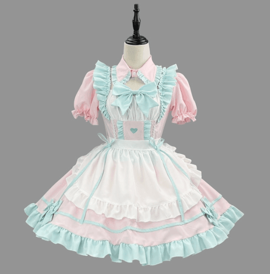 新品 緑フリル可愛いメイド服 桃色ワンピース