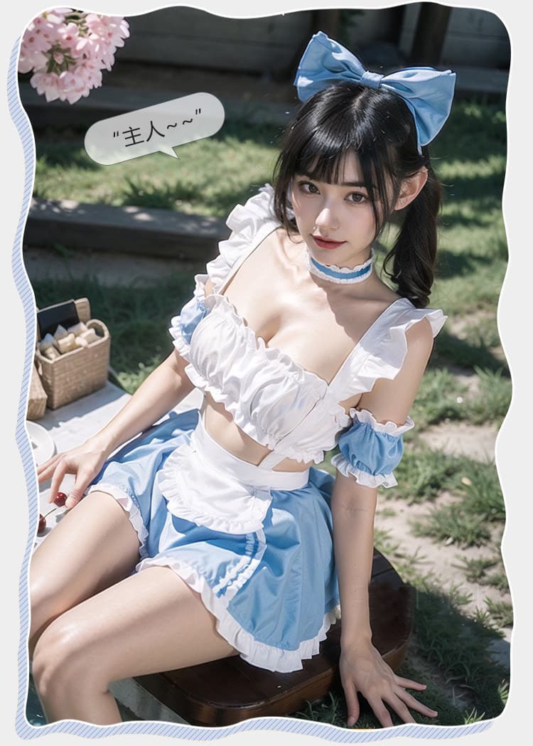 水色フリル胸元開放セクシー系メイド服コスチューム