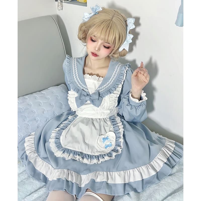 メイド服 優雅な襟元フリル付き長袖メイド服セット