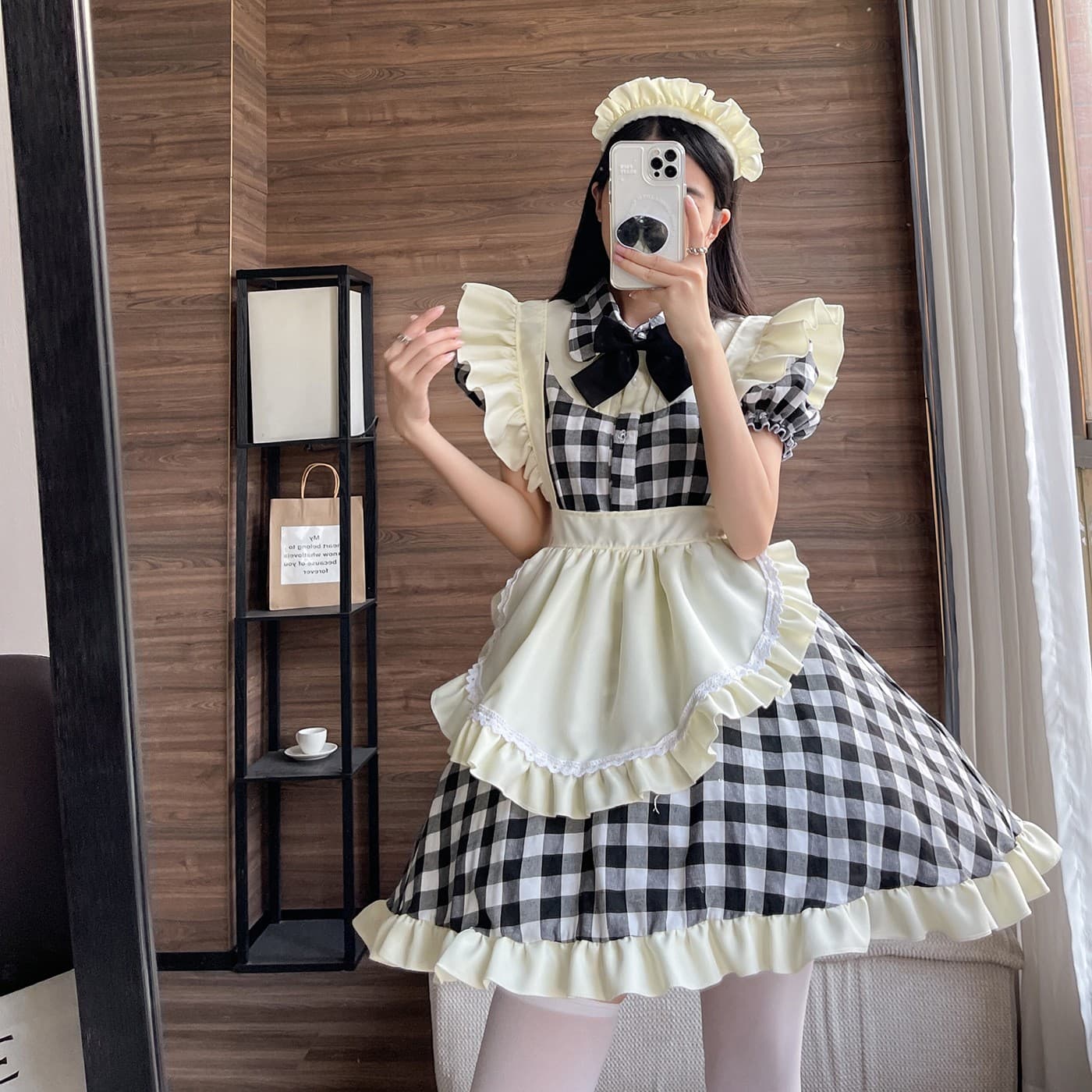 メイド服 メイド服 クリームフリル格子柄メイドワンピース