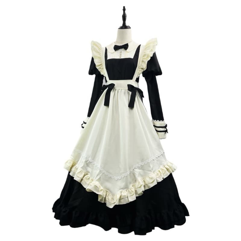 黒ワンピース メイド服 コスプレ衣装 フリル付きロング丈