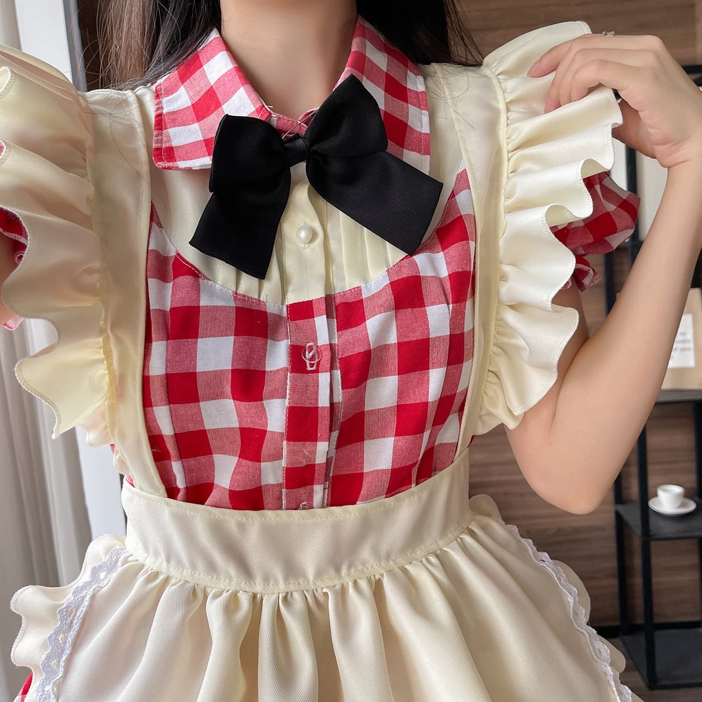 メイド服 メイド服 クリームフリル格子柄メイドワンピース