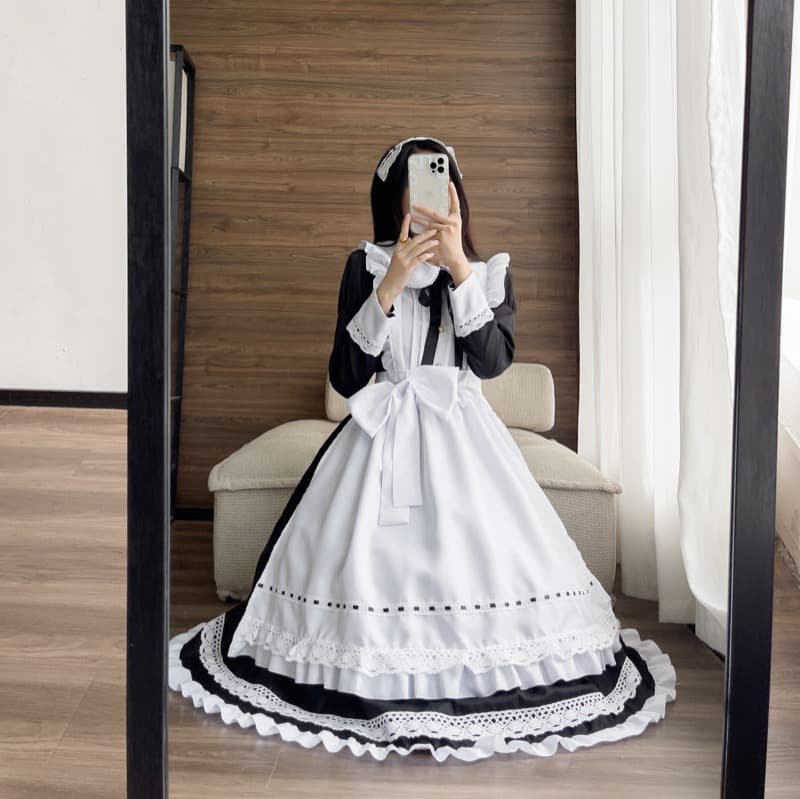 黒ワンピース メイド服 長袖 白エプロン付き コスプレ衣装