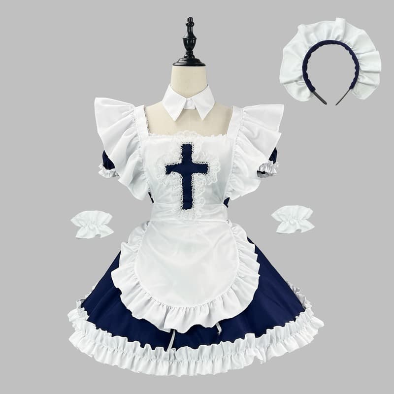 十字柄メイド服ワンピース衣装セット 黒/ネイビー
