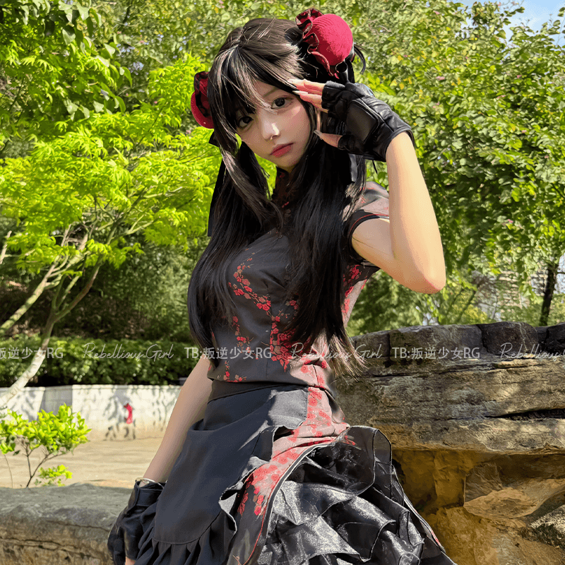 メイド服 チャイナ風花柄メイドワンピース