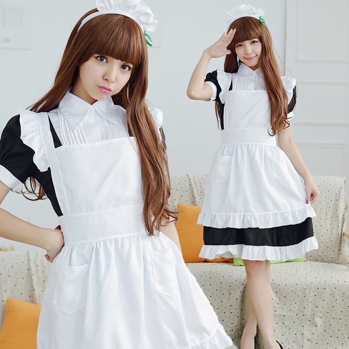 クラシック長袖メイド服 白黒フリル付きロング丈衣装