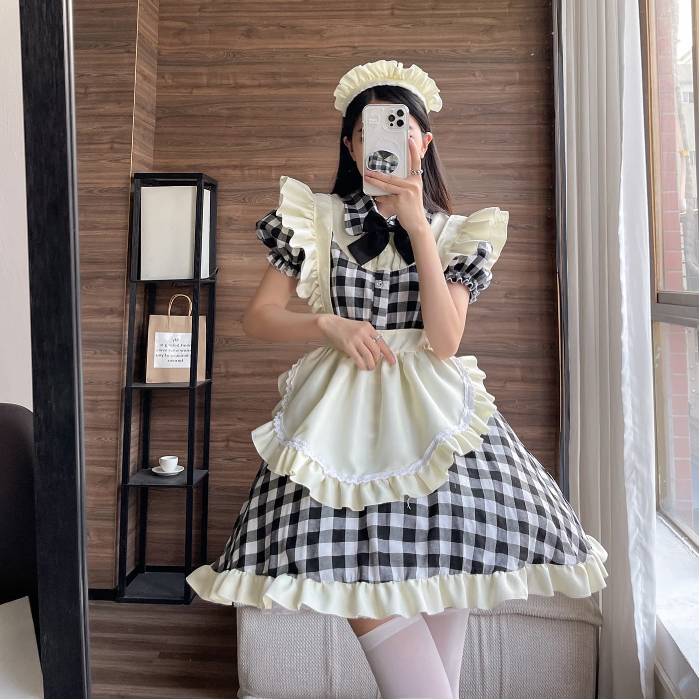メイド服 メイド服 クリームフリル格子柄メイドワンピース