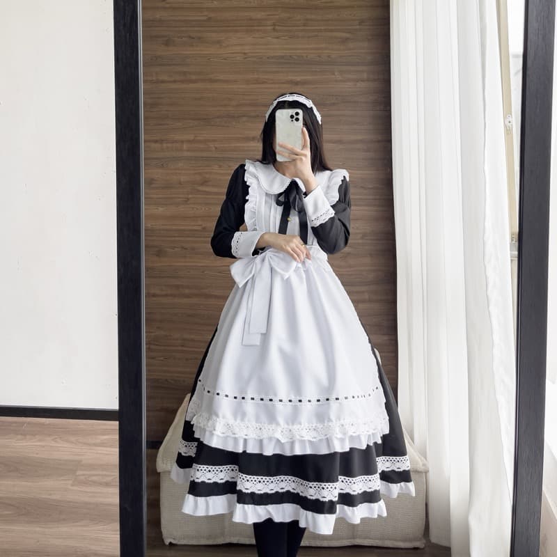黒ワンピース メイド服 長袖 白エプロン付き コスプレ衣装