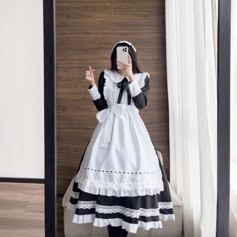 黒ワンピース メイド服 長袖 白エプロン付き コスプレ衣装