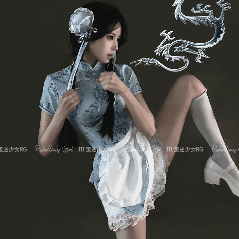 メイド服 チャイナ風花柄メイドワンピース