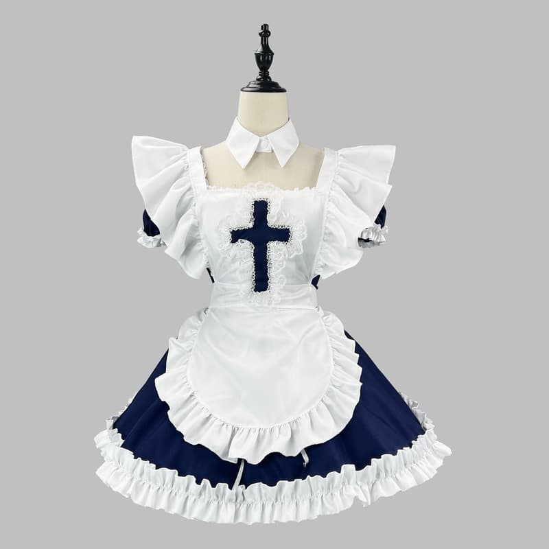 十字柄メイド服ワンピース衣装セット 黒/ネイビー