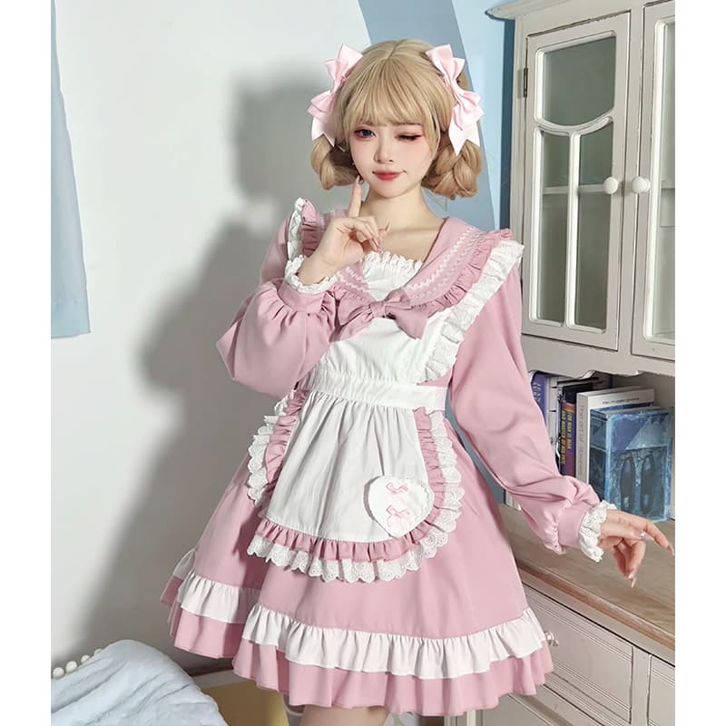 メイド服 優雅な襟元フリル付き長袖メイド服セット