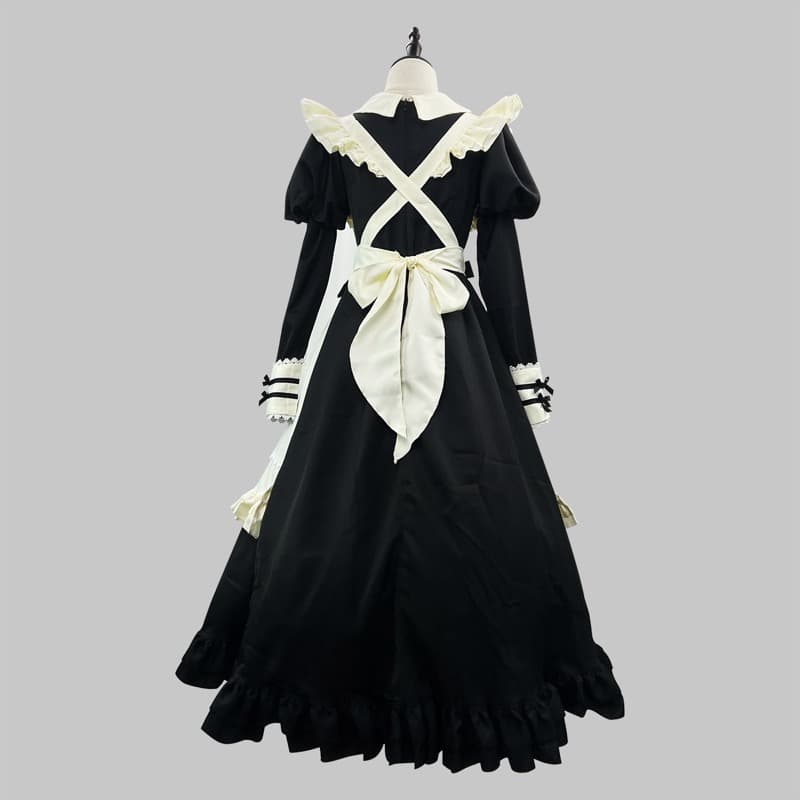 黒ワンピース メイド服 コスプレ衣装 フリル付きロング丈