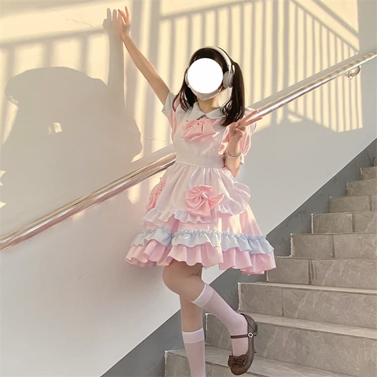 ピンク色フリルリボン付きメイド服ワンピース