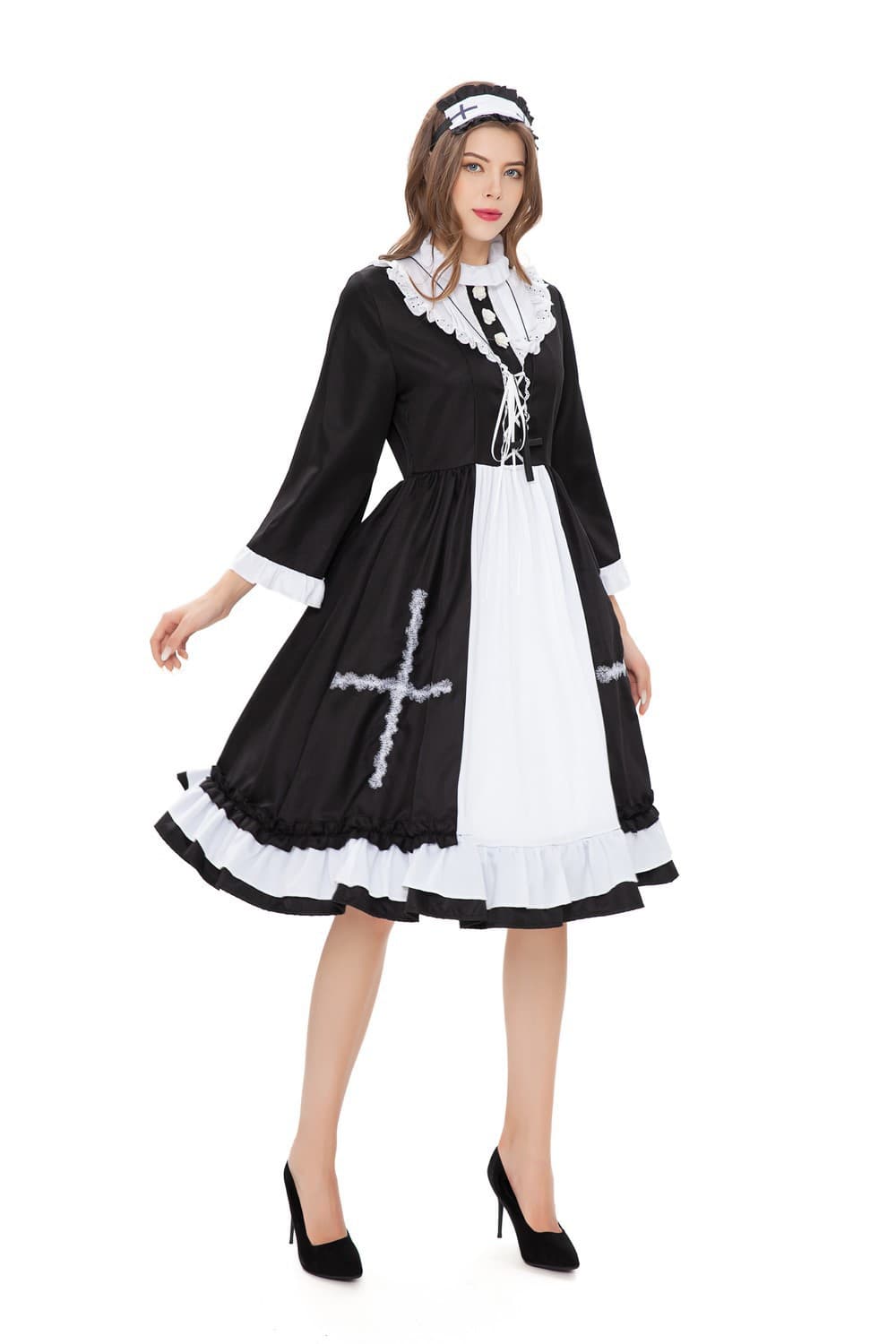 メイド服 クラシカル襟飾り付き長袖メイドワンピース