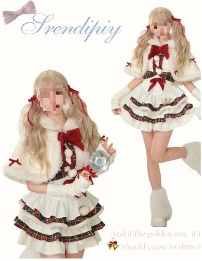 新品 白メイド服 可愛いフリル付きワンピース マント袖カバー三点セット
