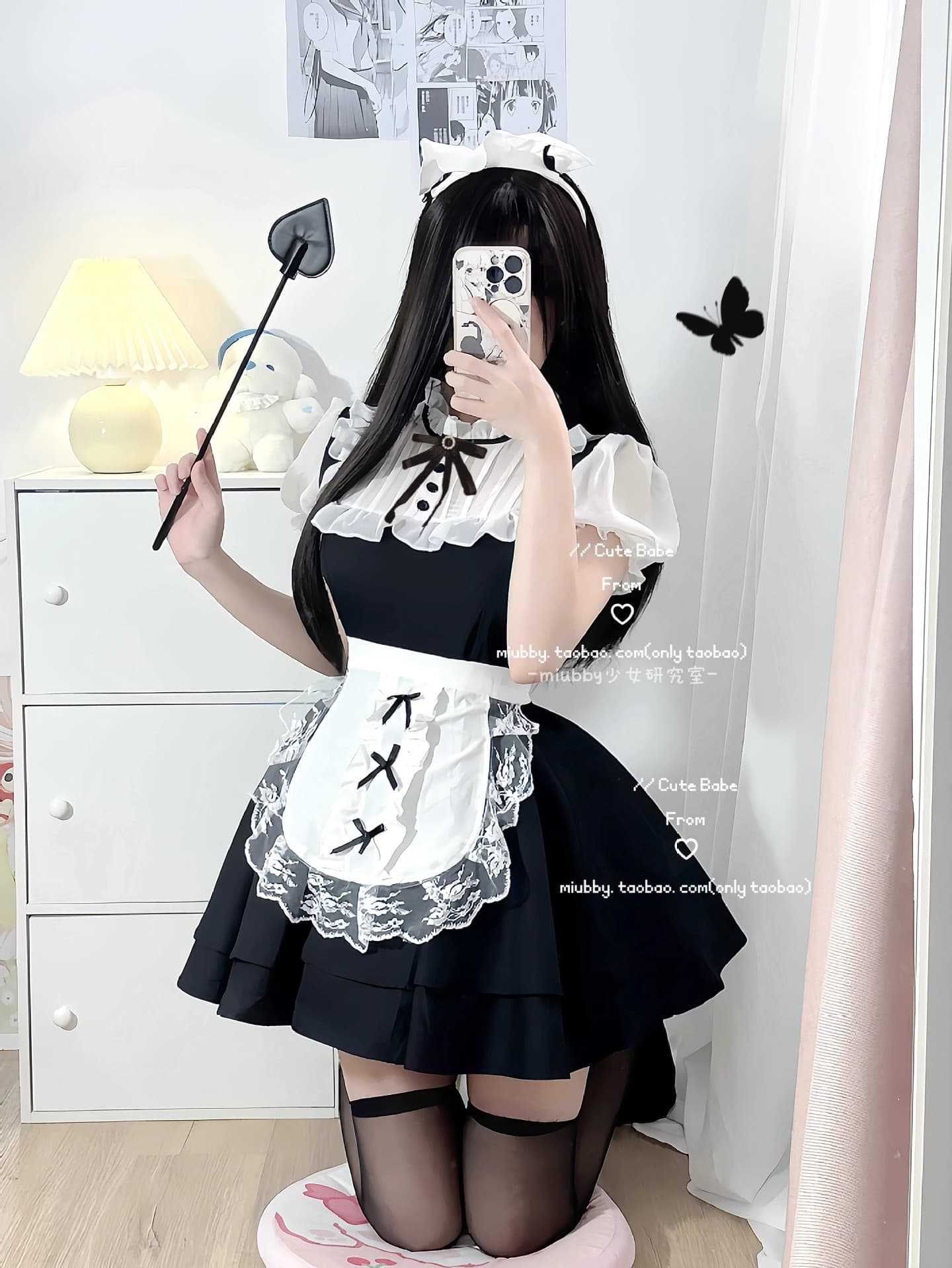 メイド服 編み上げリボン付きフリル襟メイドワンピース