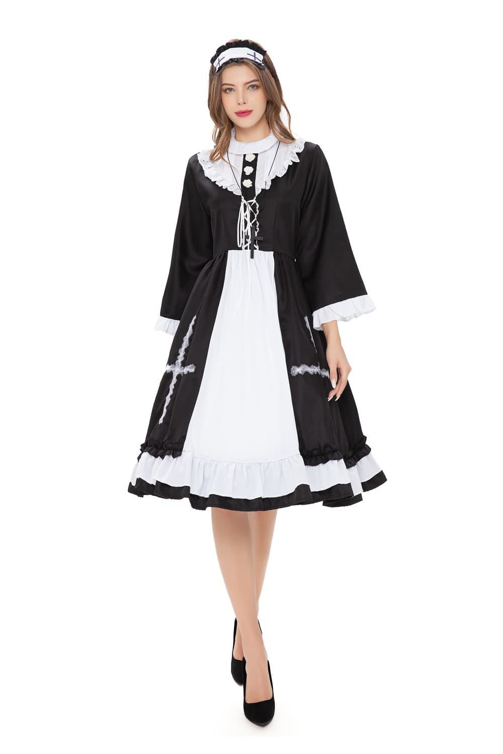メイド服 クラシカル襟飾り付き長袖メイドワンピース