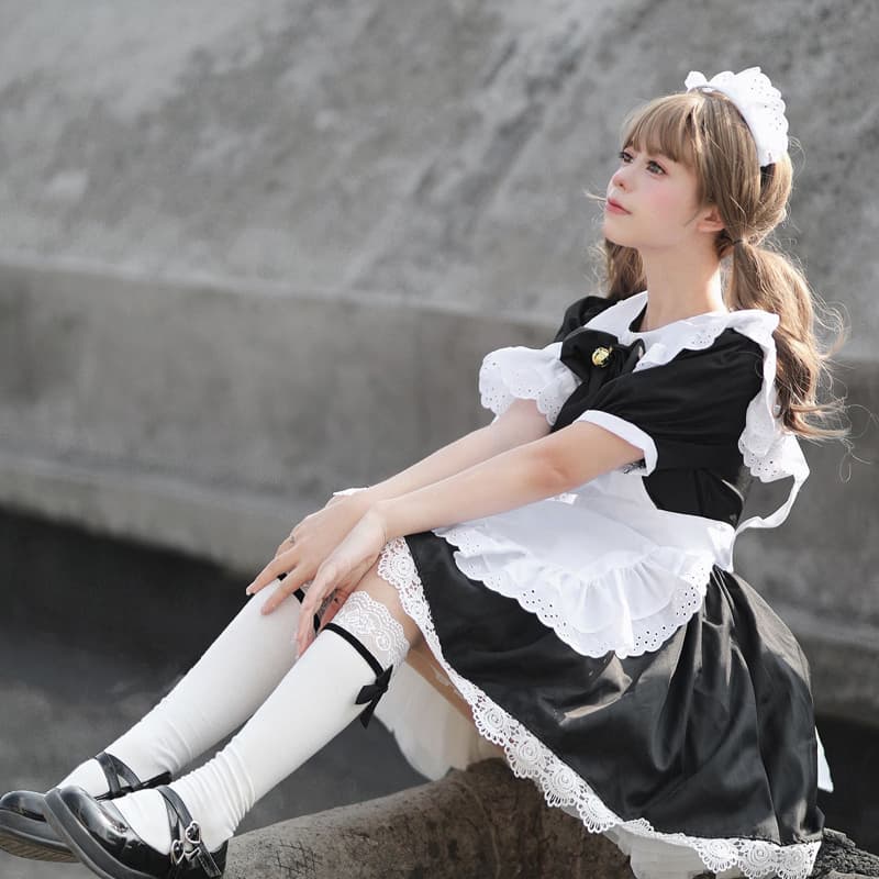 クラシカル黒リボンメイド服大きいサイズ対応コスプレ衣装