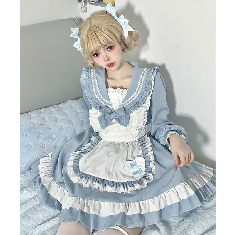 メイド服 優雅な襟元フリル付き長袖メイド服セット