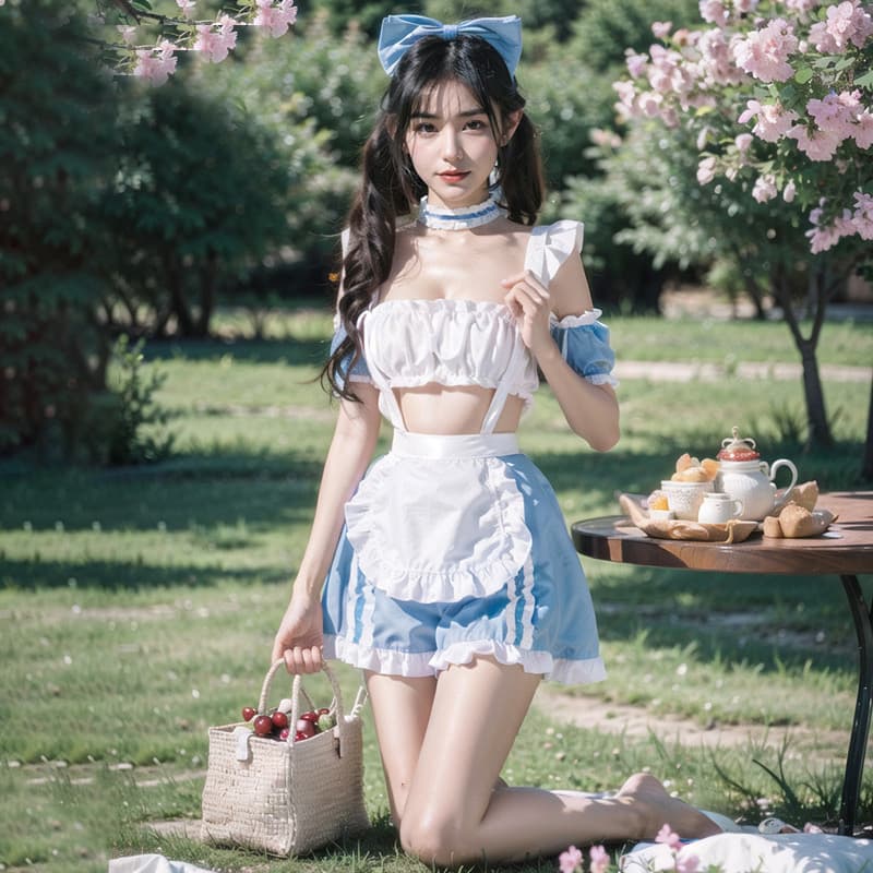 水色フリル胸元開放セクシー系メイド服コスチューム