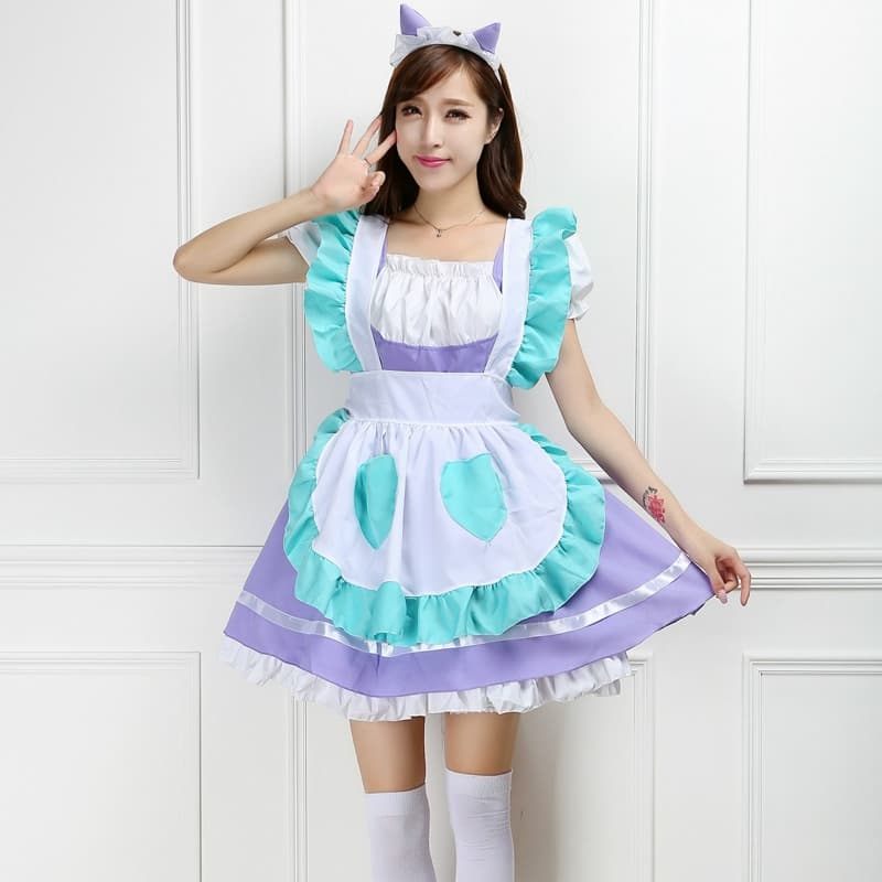 紫水色フレンチメイド服 猫耳付きコスプレ衣装