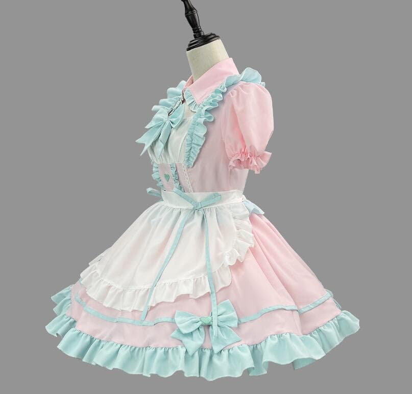 新品 緑フリル可愛いメイド服 桃色ワンピース