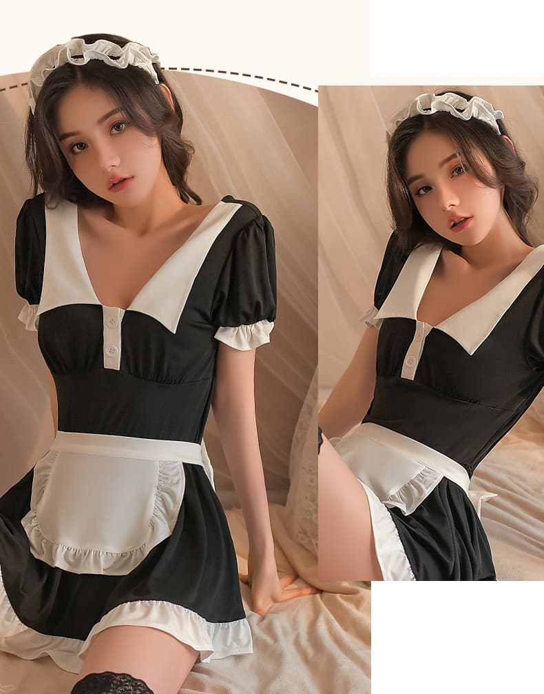 深緑色セクシー系メイド服 胸元開きフリル付き衣装