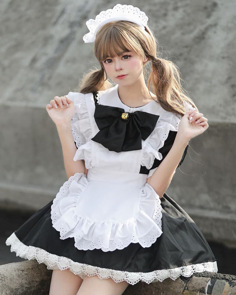 クラシカル黒リボンメイド服大きいサイズ対応コスプレ衣装