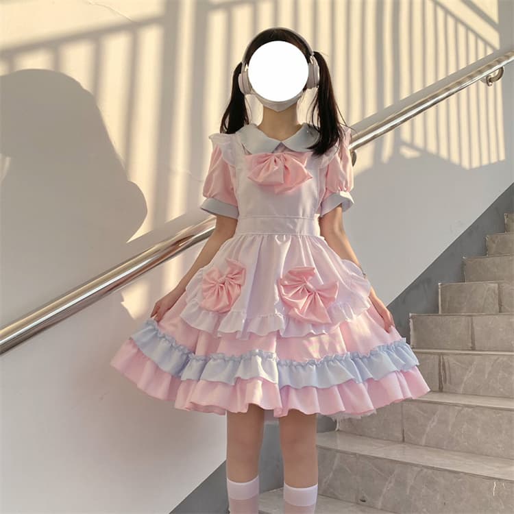 ピンク色フリルリボン付きメイド服ワンピース