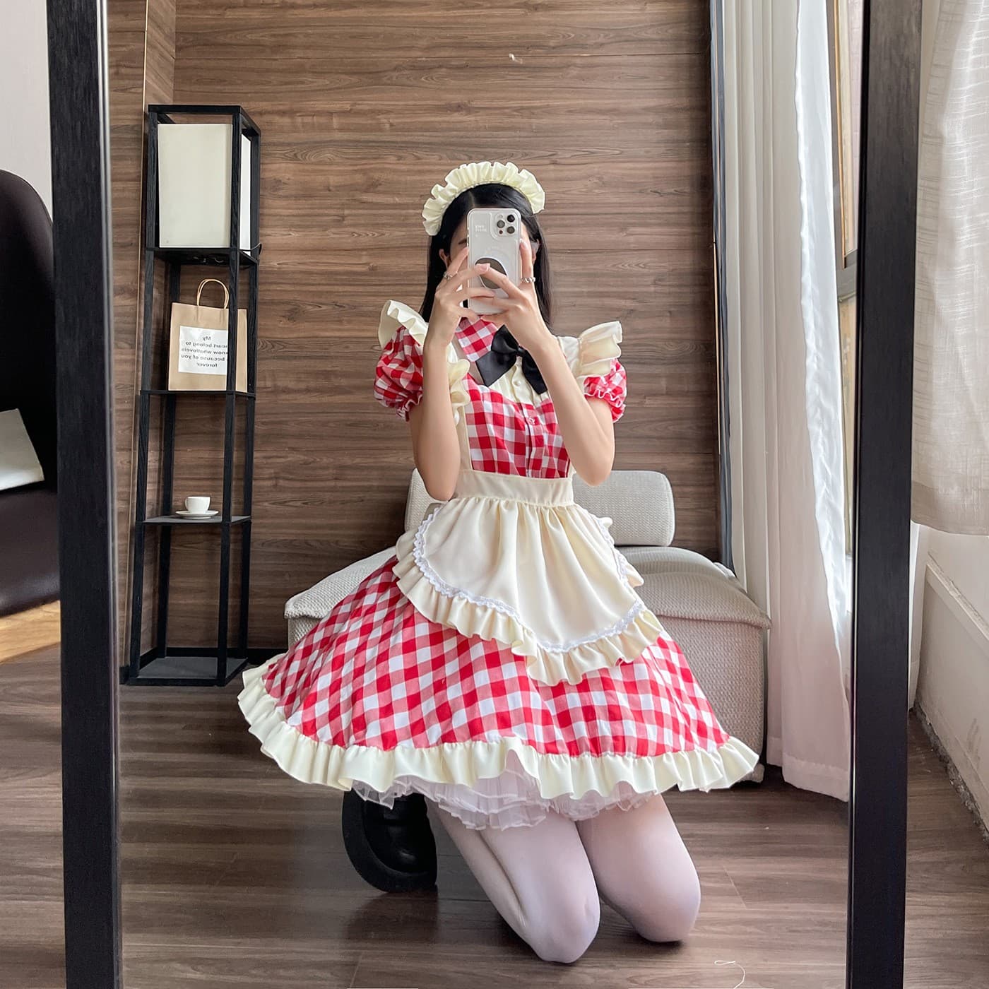 メイド服 メイド服 クリームフリル格子柄メイドワンピース