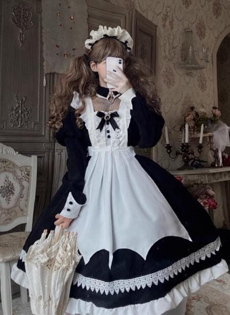 クラシカル メイド服 黒白 長袖ワンピース