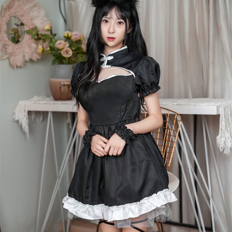 チャイナ風メイド服 黒白フリル コスプレ衣装