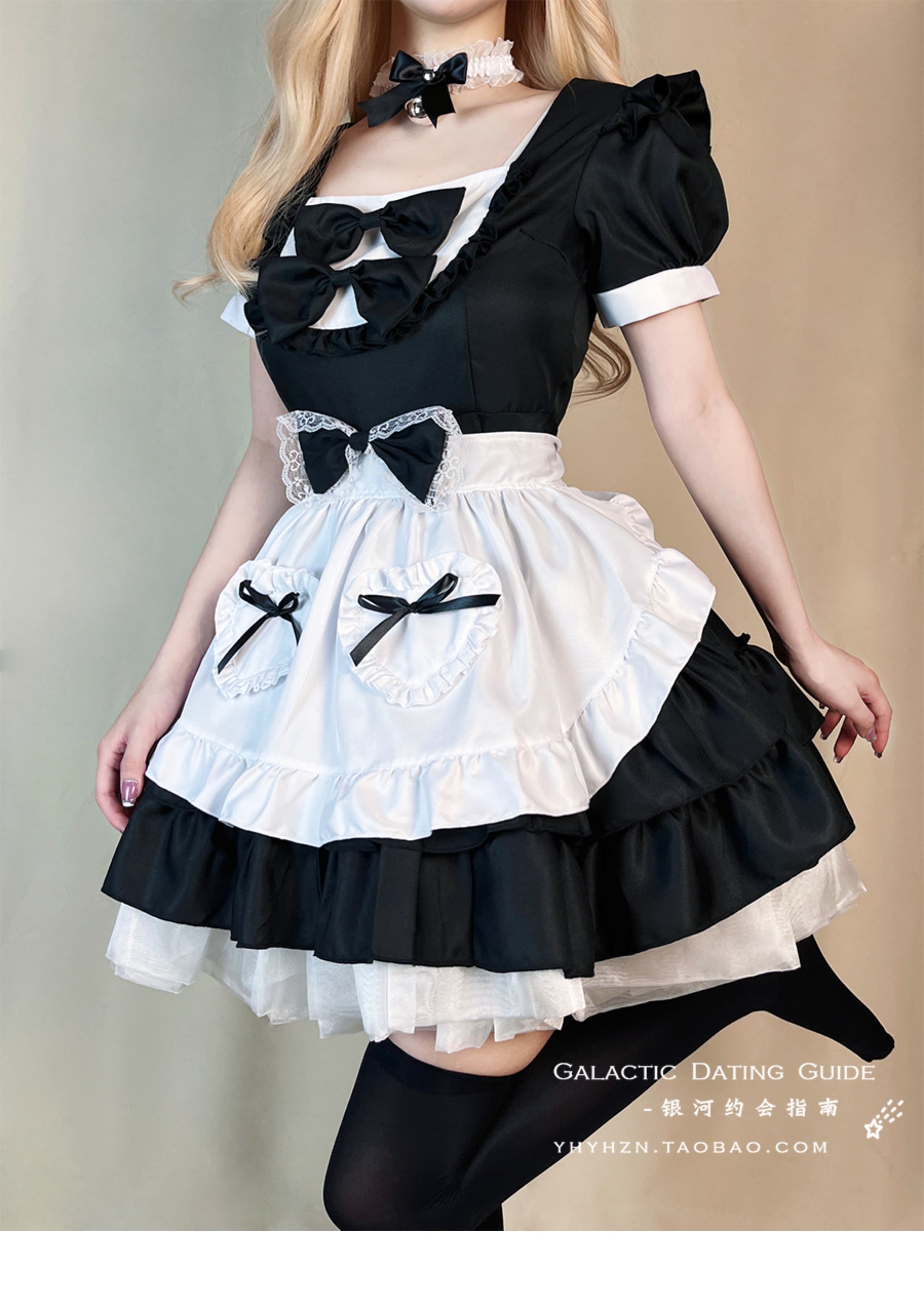 メイド服 豪華多段リボン付きフリルエプロンドレス