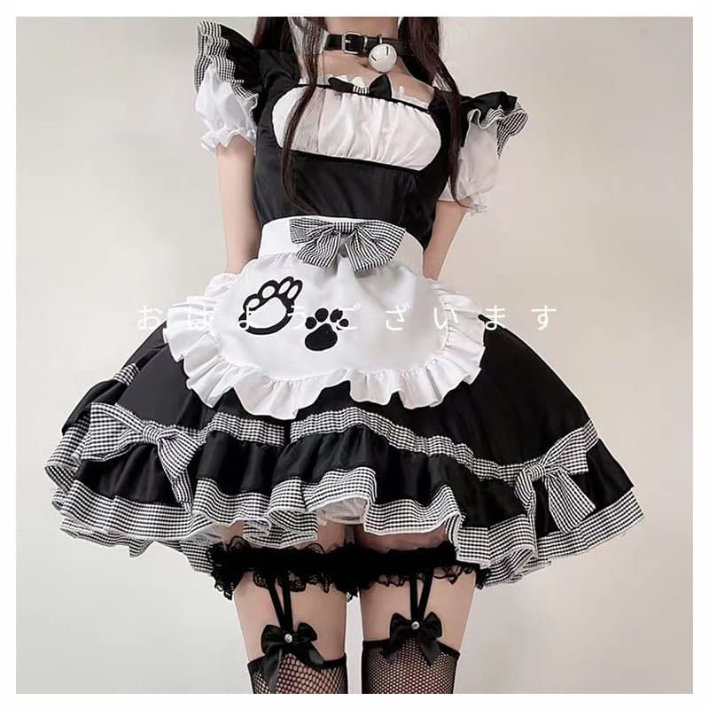 メイド服 メイド服 猫足刺繍フリルエプロンワンピース