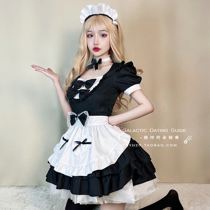 メイド服 豪華多段リボン付きフリルエプロンドレス